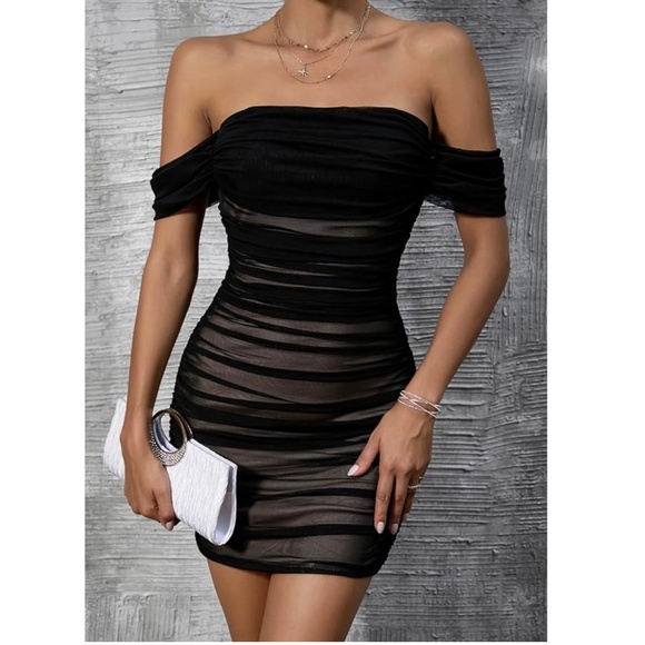 White Off Shoulder Ruched Mini Dress - Picture 4 of 5